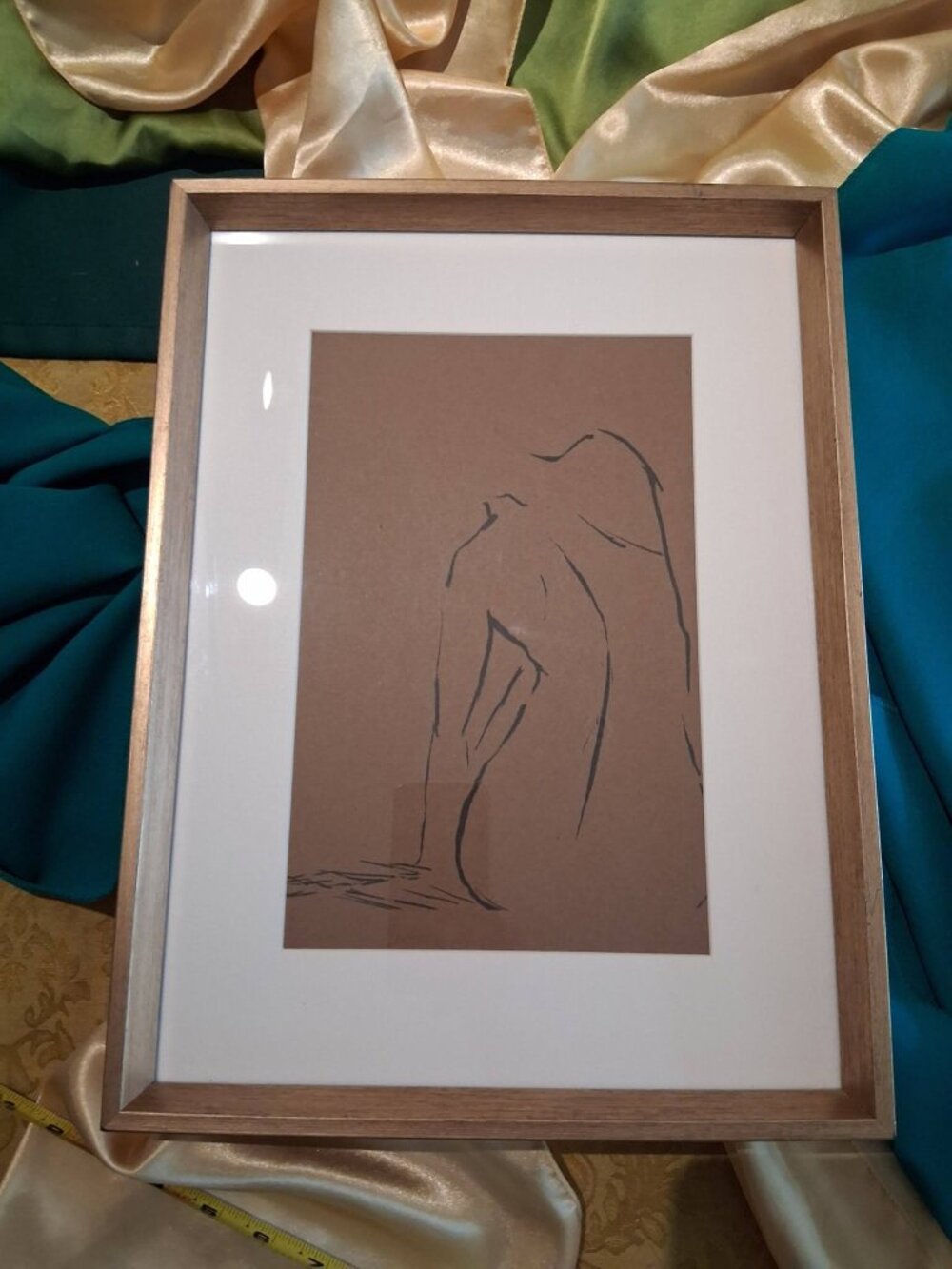 Minimalist Line Art Figural Sketch Framed Neutral Brown Paper Modern Decor 11x14